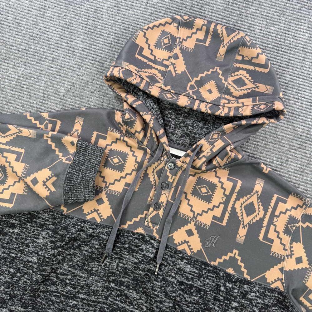 Hooey Mens Aztec Print Henley Hoodie Mens XXXL Gray Tan Geometric Pullover 3XL